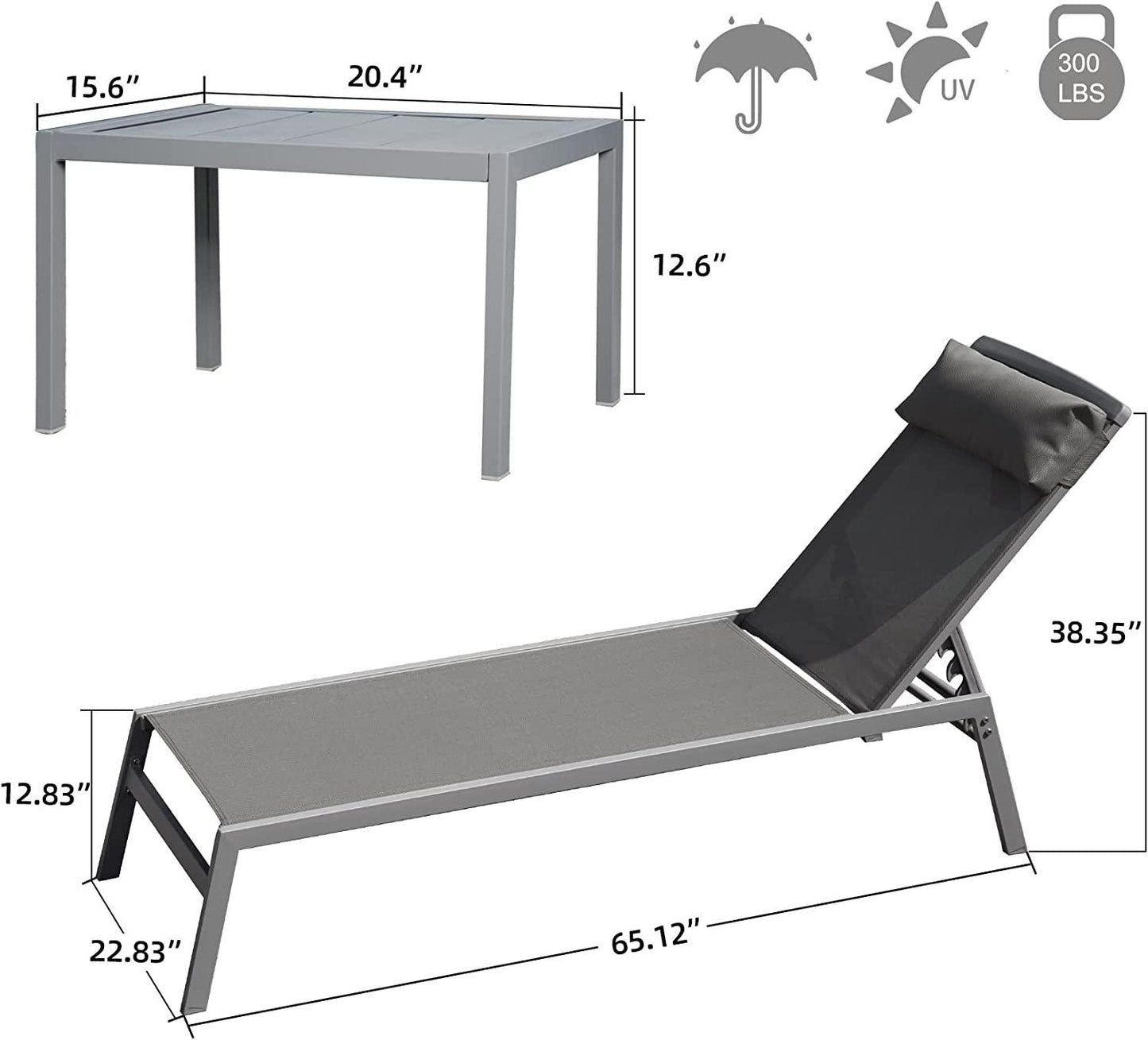 Domi Patio 3 Pieces Aluminum Textilene Chaise Lounge Set with Side Table Outdoor,Adjustable Back