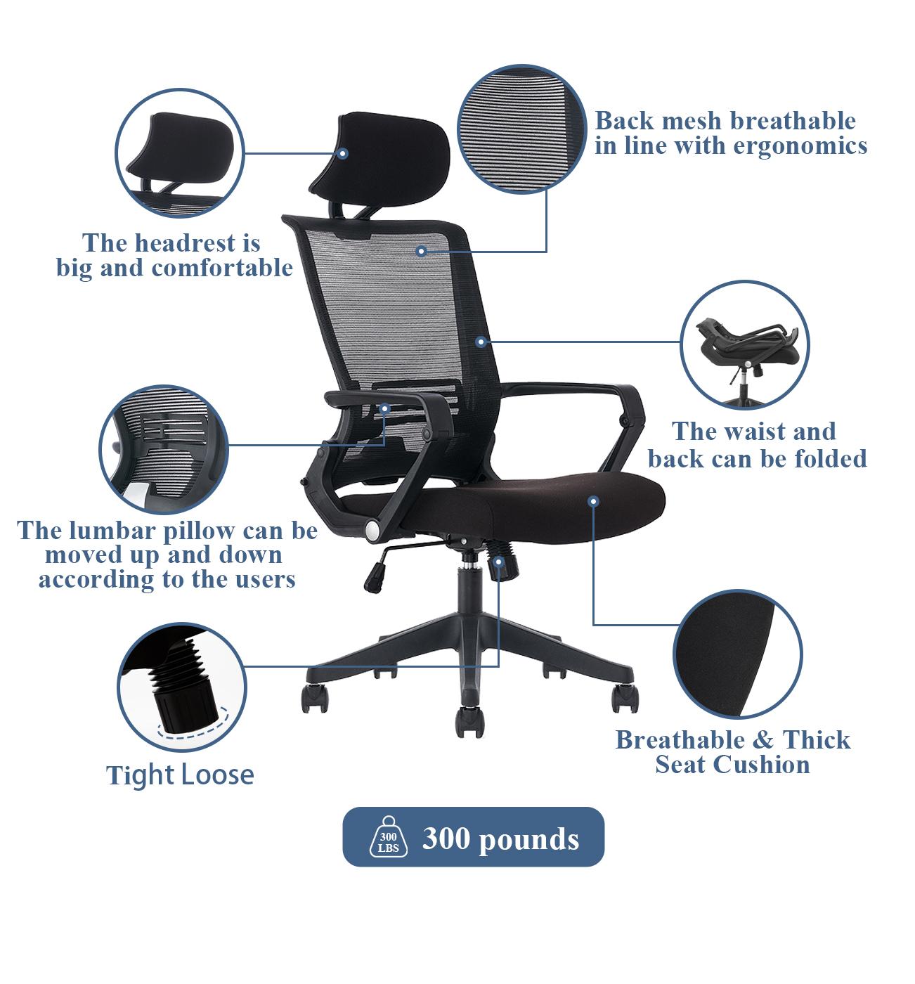 High Back Office Chair with fixed arms and headrest, Black, easy assemble chair