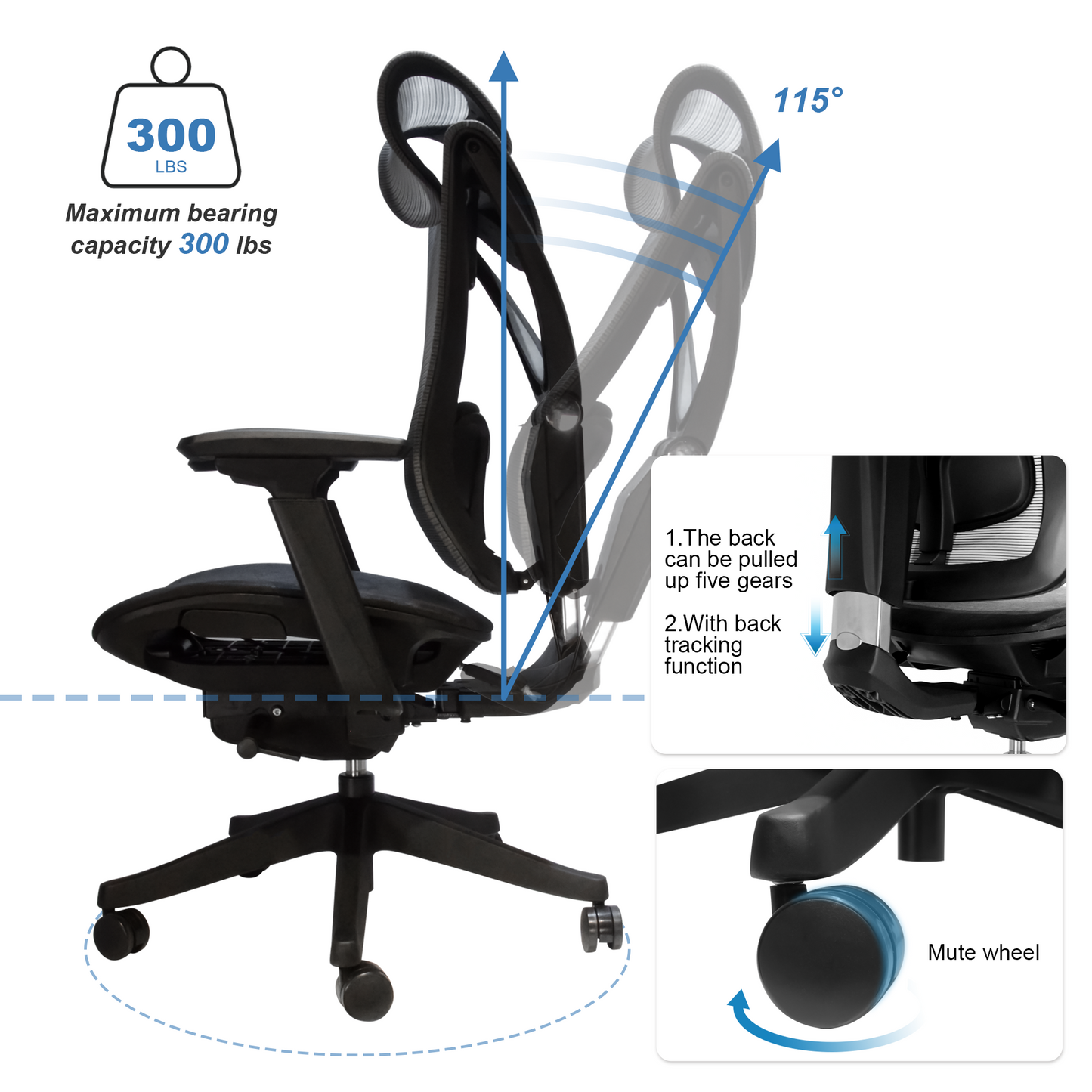 Big and Tall Office Chair with Adjustable lumbar and slide seats , Headrest and 4d armrest , tilt function max degree is 115 °, 300LBS, Black