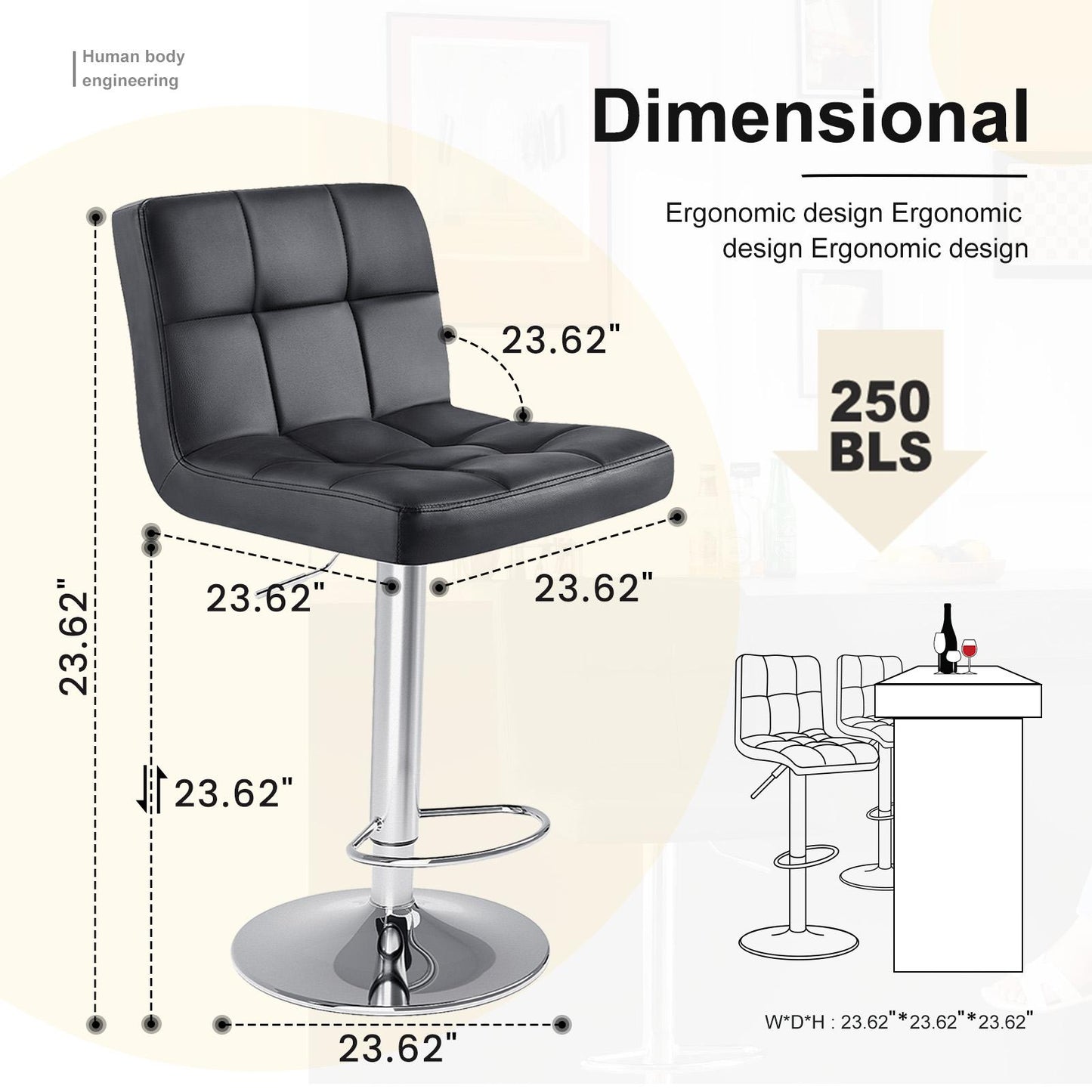 Bar Stools Set of 2, Counter Height Barstools,Square Seat Cushion Barstool with Back, Height Adjustable PU Leather Swivel Barstool ,White