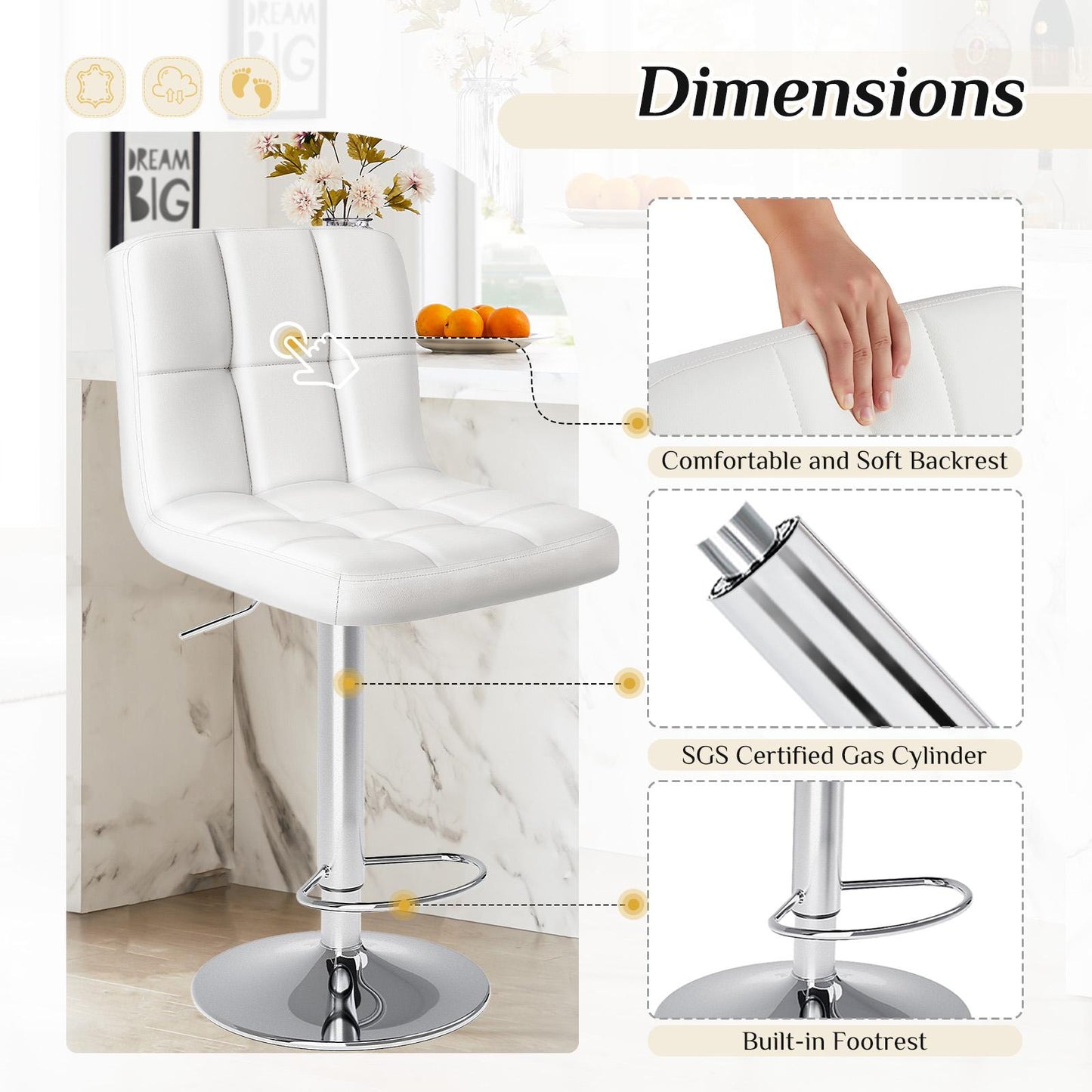 Bar Stools Set of 2, Counter Height Barstools,Square Seat Cushion Barstool with Back, Height Adjustable PU Leather Swivel Barstool ,White