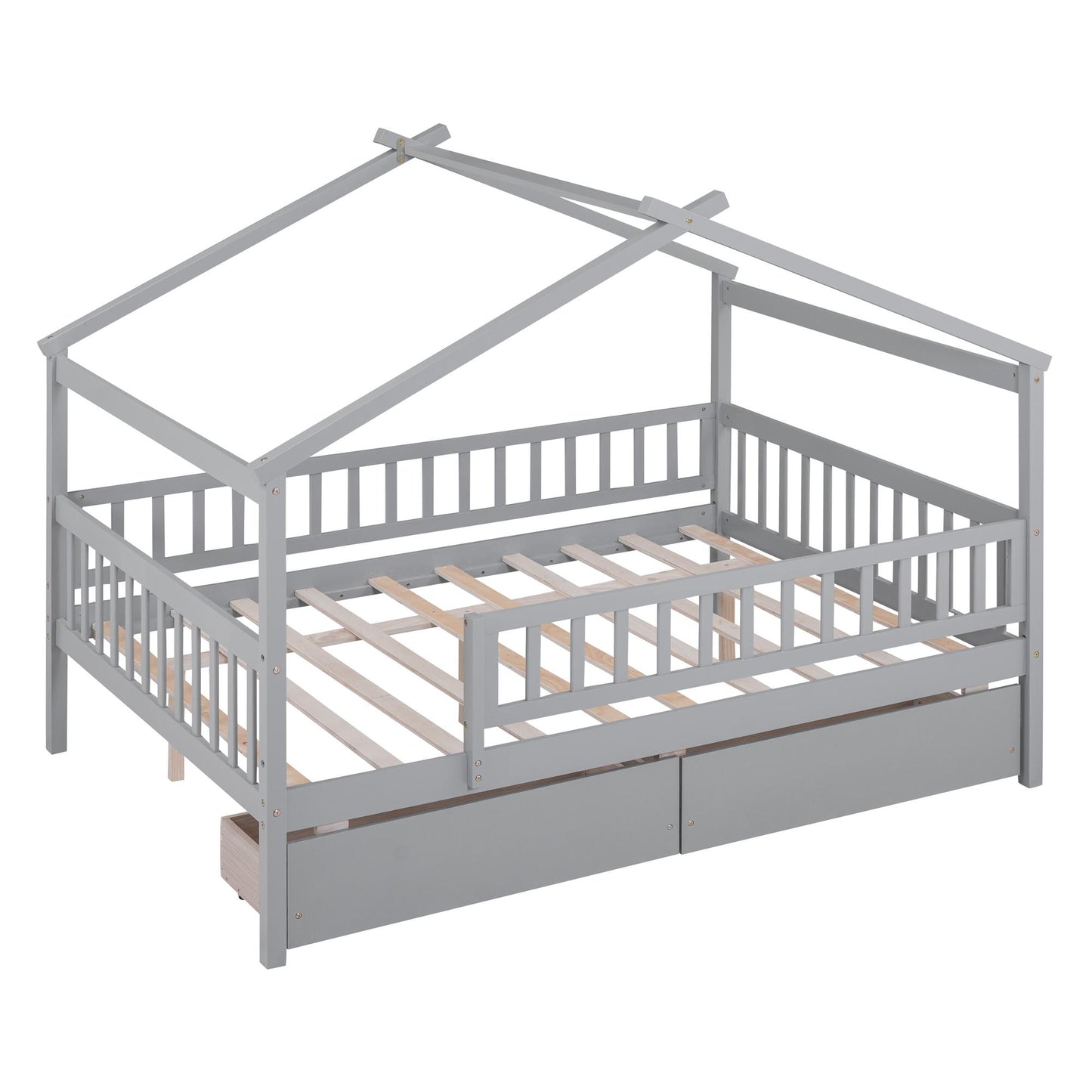 Full Size Wooden House Bed with Two Drawers