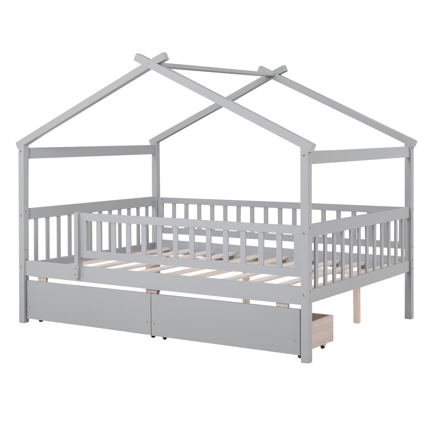 Full Size Wooden House Bed with Two Drawers
