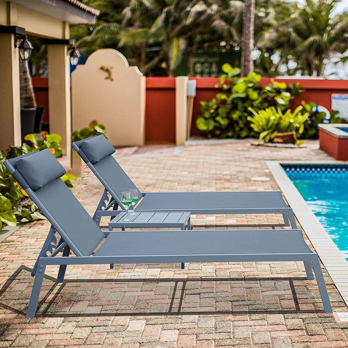 Domi Patio 3 Pieces Aluminum Textilene Chaise Lounge Set with Side Table Outdoor,Adjustable Back