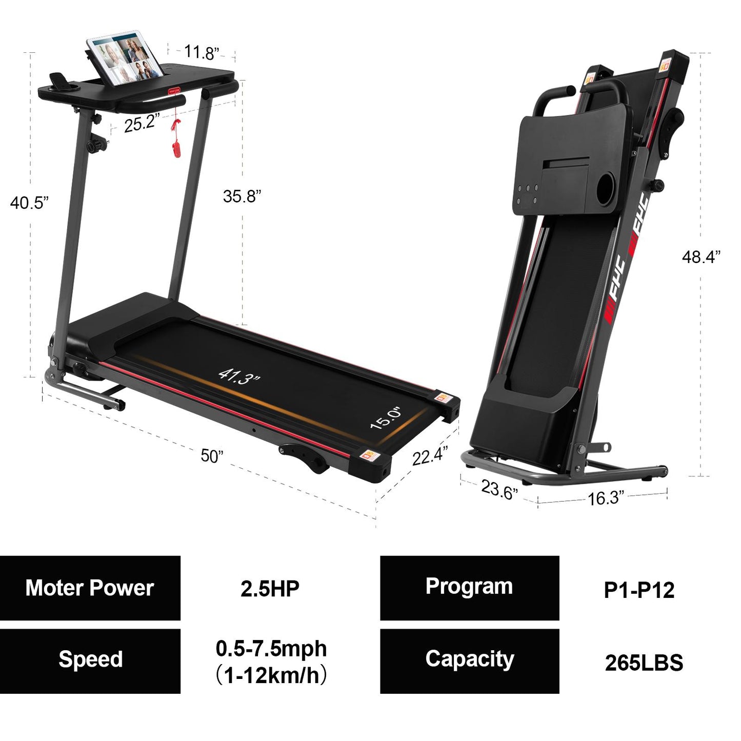 Folding Treadmill for Home - 265lbs Foldable Treadmill Running Machine, Electric Treadmill Exercise for Small Apartment Home Gym Fitness Jogging Walki