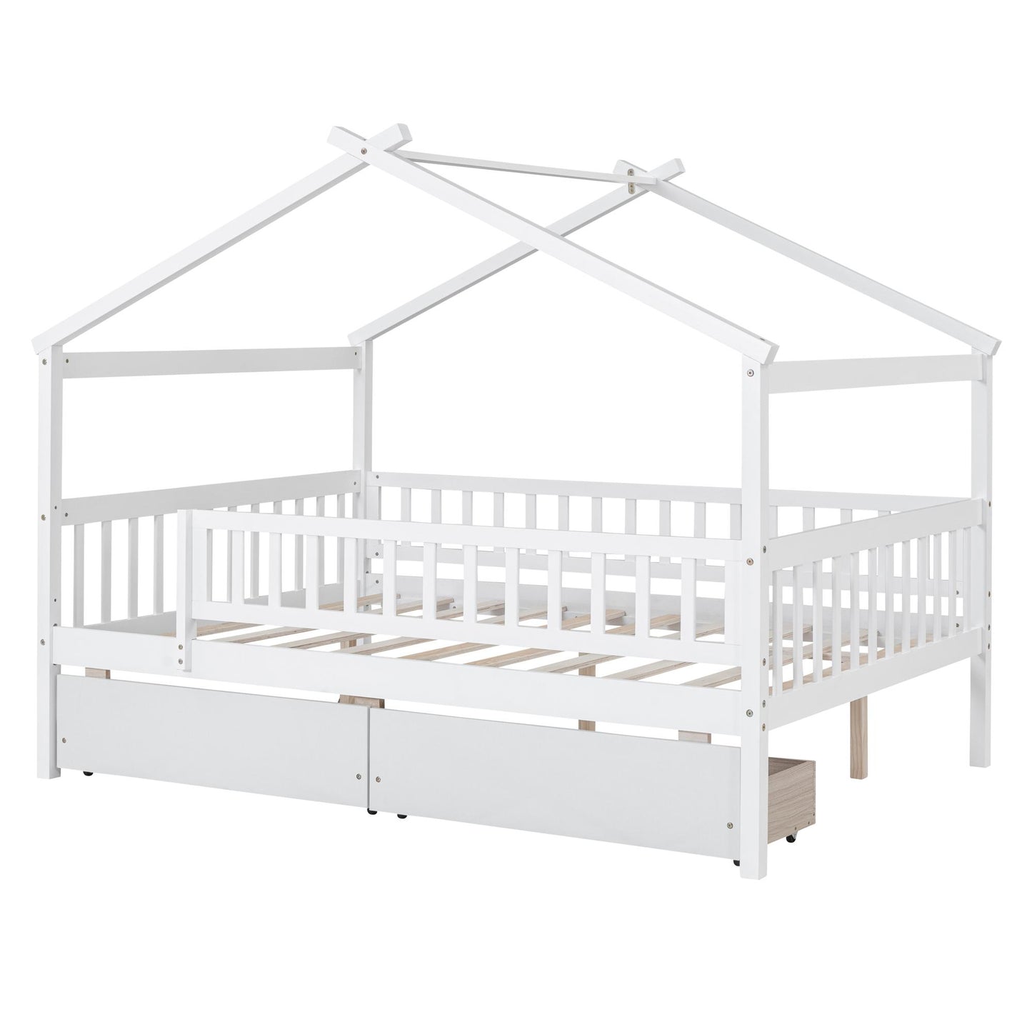 Full Size Wooden House Bed with Two Drawers