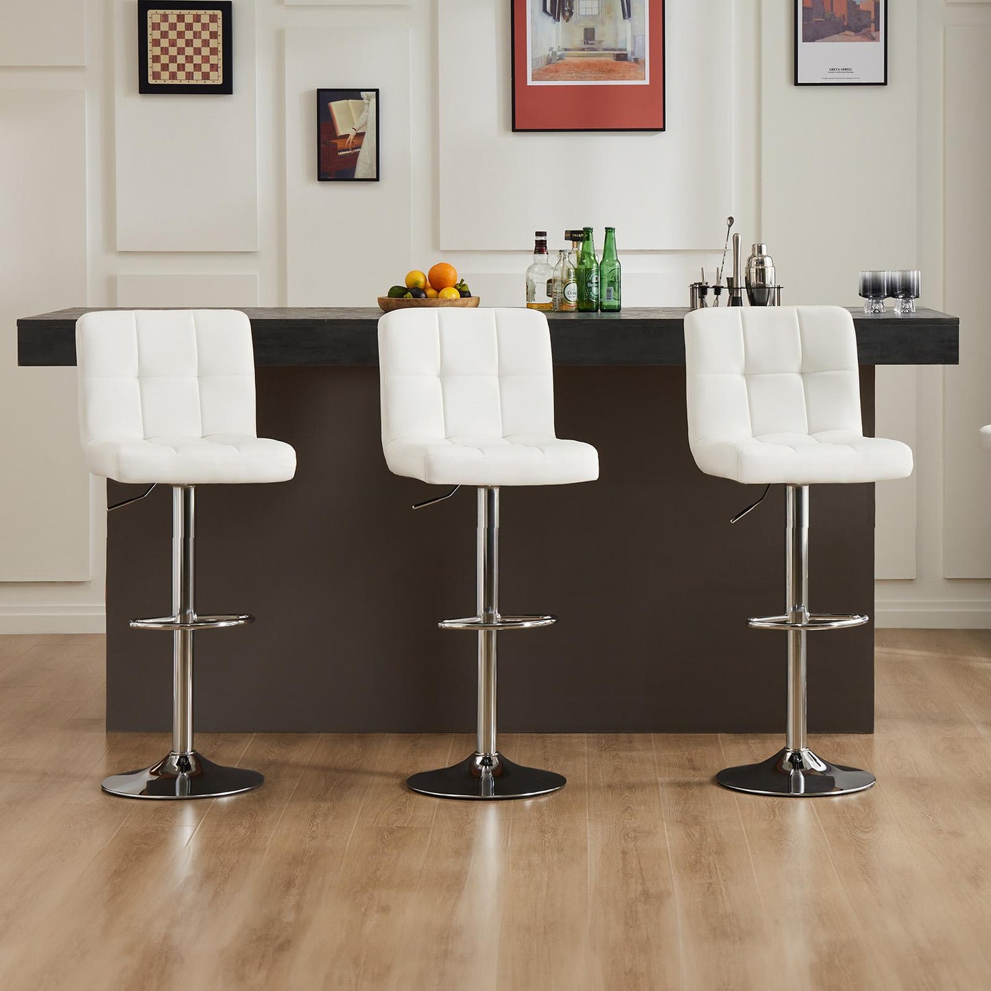 Bar Stools Set of 2, Counter Height Barstools,Square Seat Cushion Barstool with Back, Height Adjustable PU Leather Swivel Barstool ,White