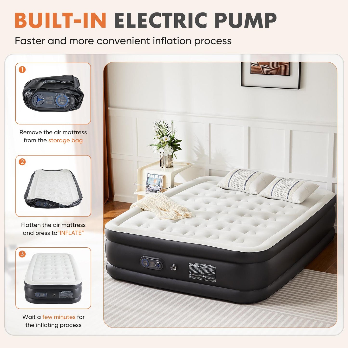 Air Mattress - 18" Inflatable Blow Up Mattress Airbed with Built-in High Capacity Pump, Double Height, Adjustable, Non-Slip Bottom Design