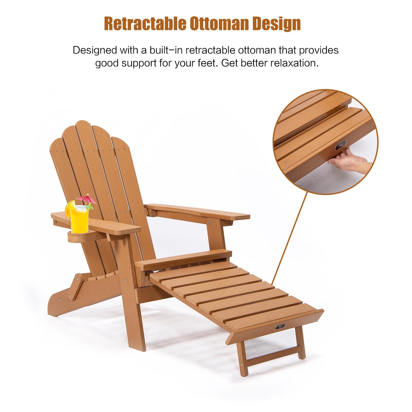 TALE Folding Adirondack Chair with Pullout Ottoman with Cup Holder, Oaversized, Poly Lumbe Ban on Amazon
