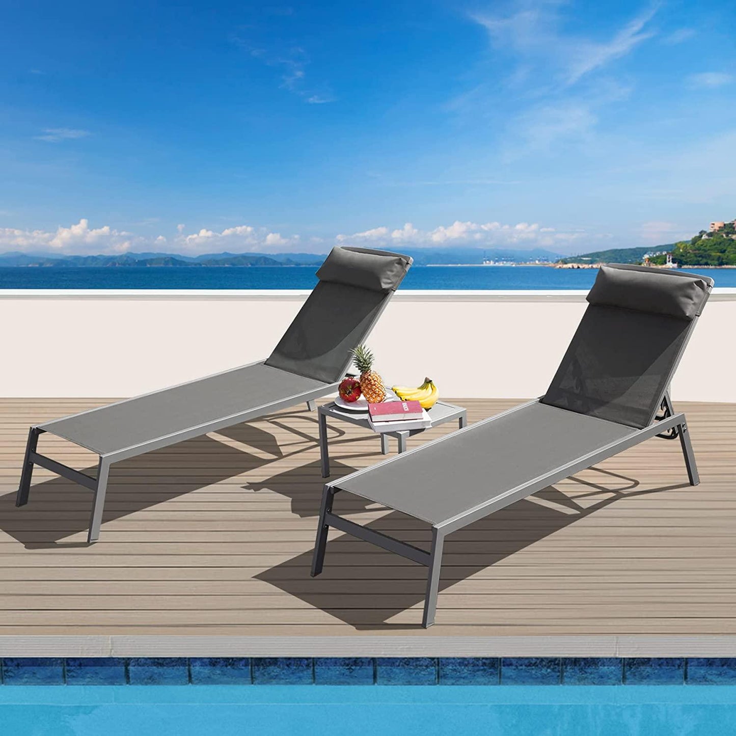 Domi Patio 3 Pieces Aluminum Textilene Chaise Lounge Set with Side Table Outdoor,Adjustable Back