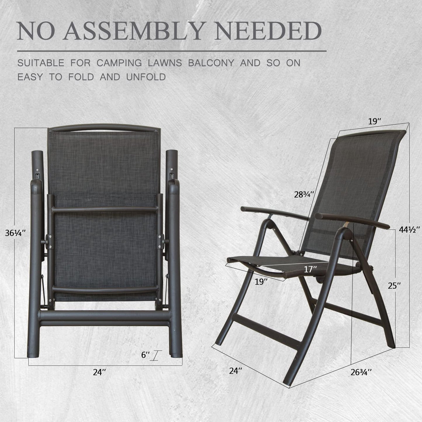 Domi Folding Patio Chairs Set of 2, Aluminium Frame Reclining Sling Lawn Chairs with Adjustable High