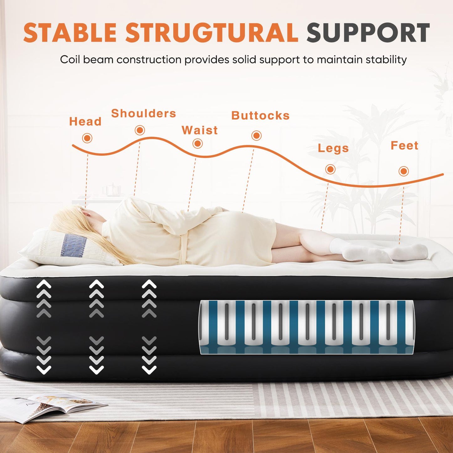 Air Mattress - 18" Inflatable Blow Up Mattress Airbed with Built-in High Capacity Pump, Double Height, Adjustable, Non-Slip Bottom Design