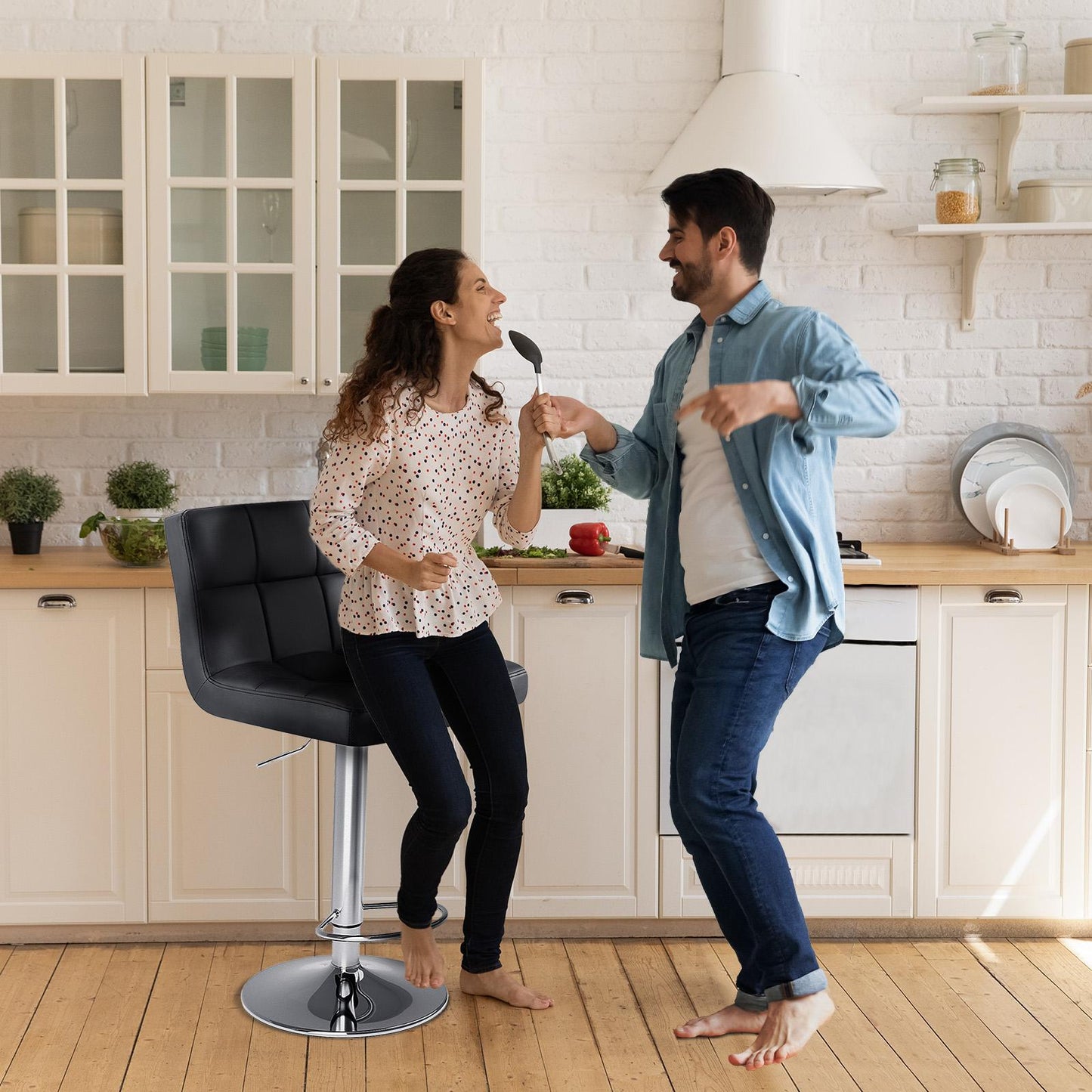 Bar Stools Set of 2, Counter Height Barstools,Square Seat Cushion Barstool with Back, Height Adjustable PU Leather Swivel Barstool ,White