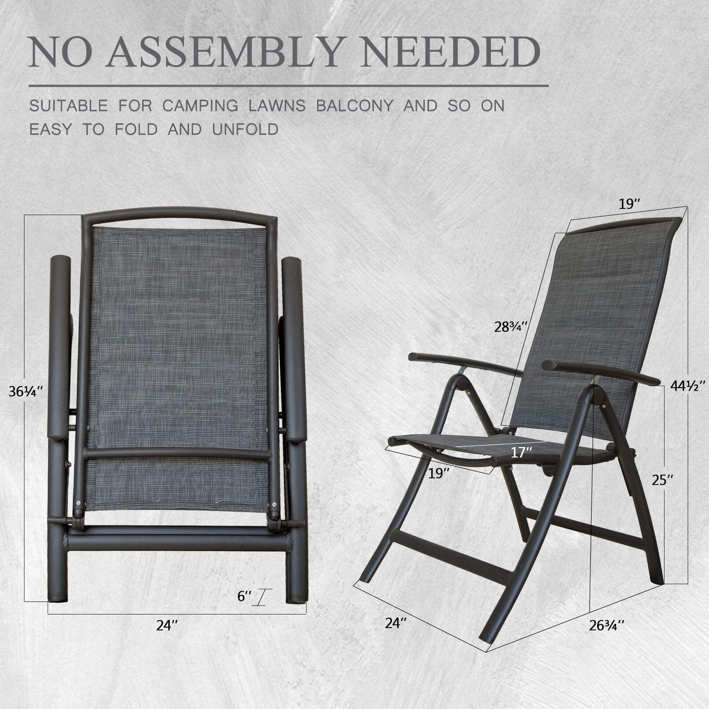 Domi Folding Patio Chairs Set of 2, Aluminium Frame Reclining Sling Lawn Chairs with Adjustable High