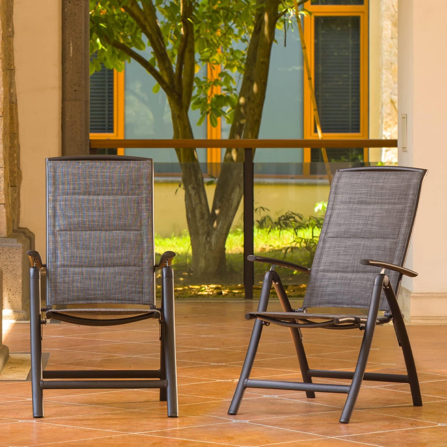 Domi Folding Patio Chairs Set of 2, Aluminium Frame Reclining Sling Lawn Chairs with Adjustable High