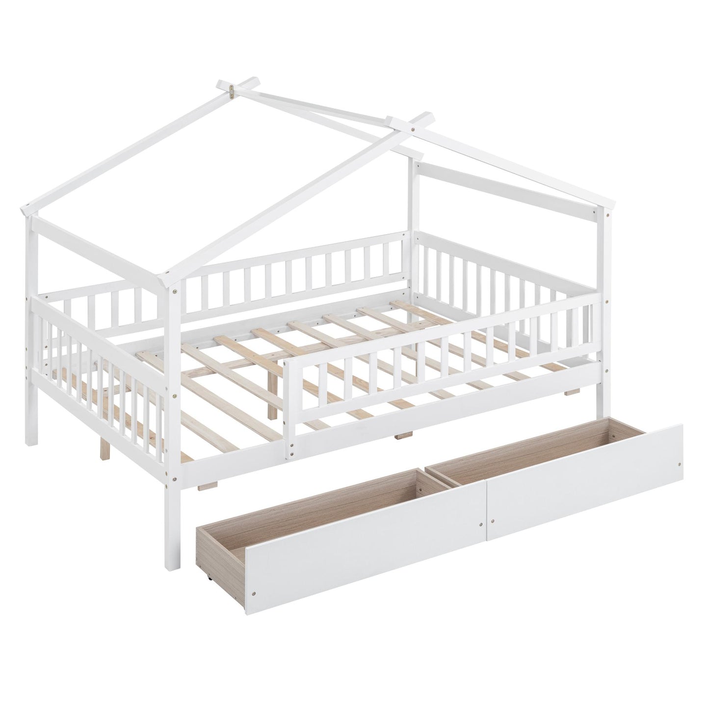 Full Size Wooden House Bed with Two Drawers