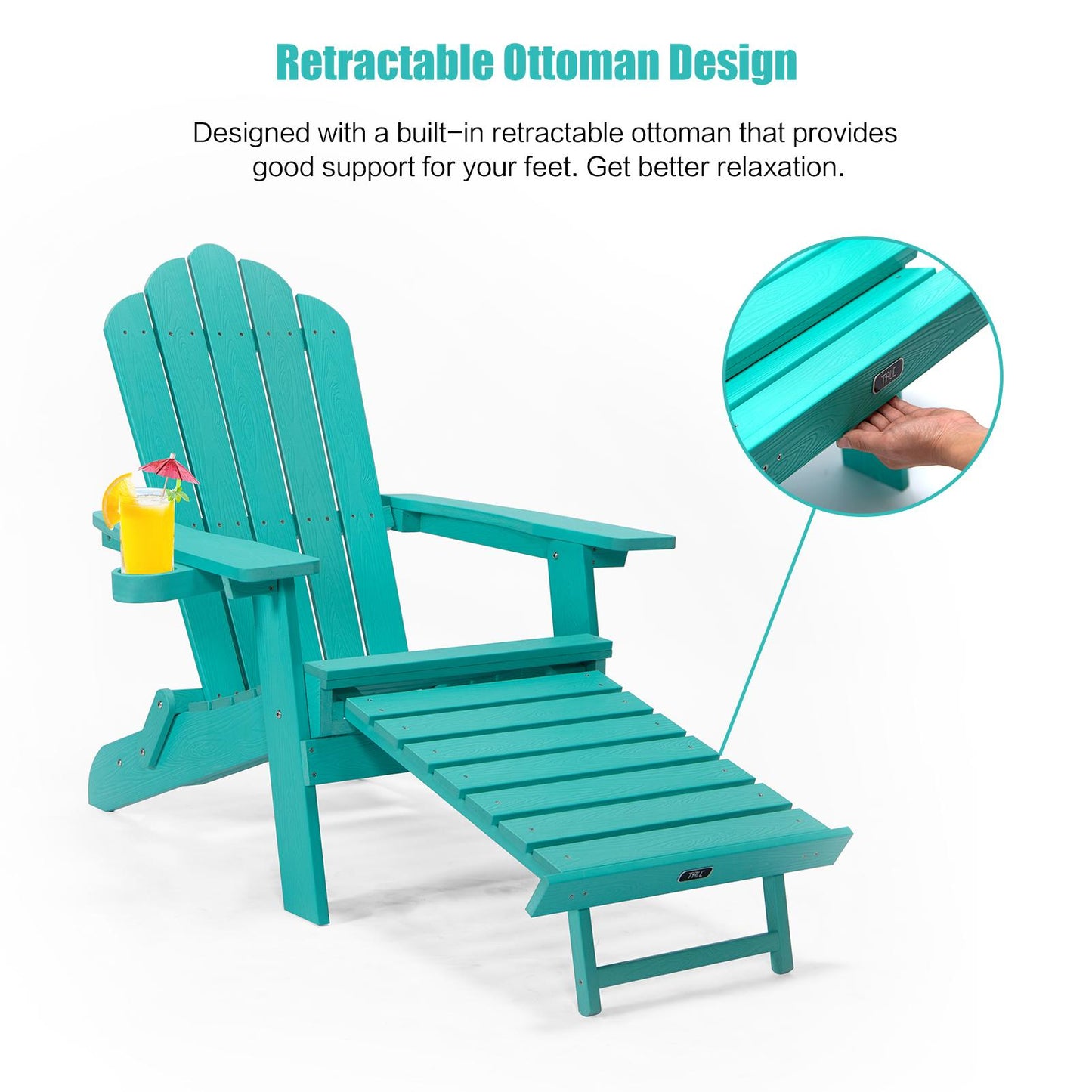 TALE Folding Adirondack Chair with Pullout Ottoman with Cup Holder, Oaversized, Poly Lumbe Ban on Amazon