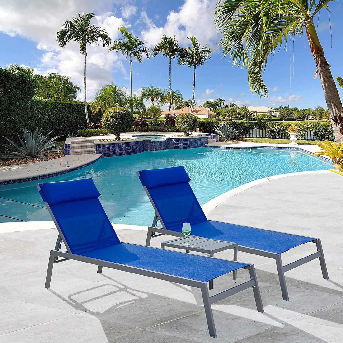 Domi Patio 3 Pieces Aluminum Textilene Chaise Lounge Set with Side Table Outdoor,Adjustable Back