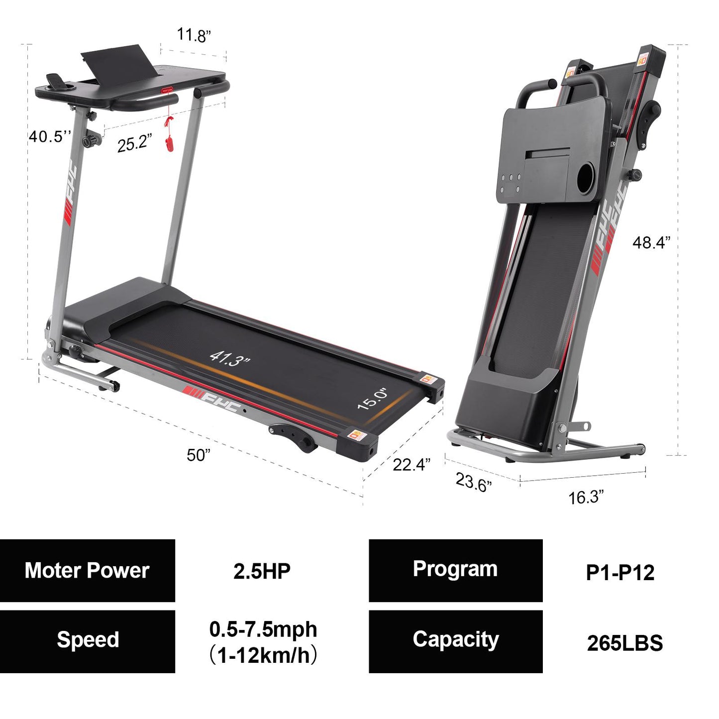 Folding Treadmill for Home - 265lbs Foldable Treadmill Running Machine, Electric Treadmill Exercise for Small Apartment Home Gym Fitness Jogging Walki