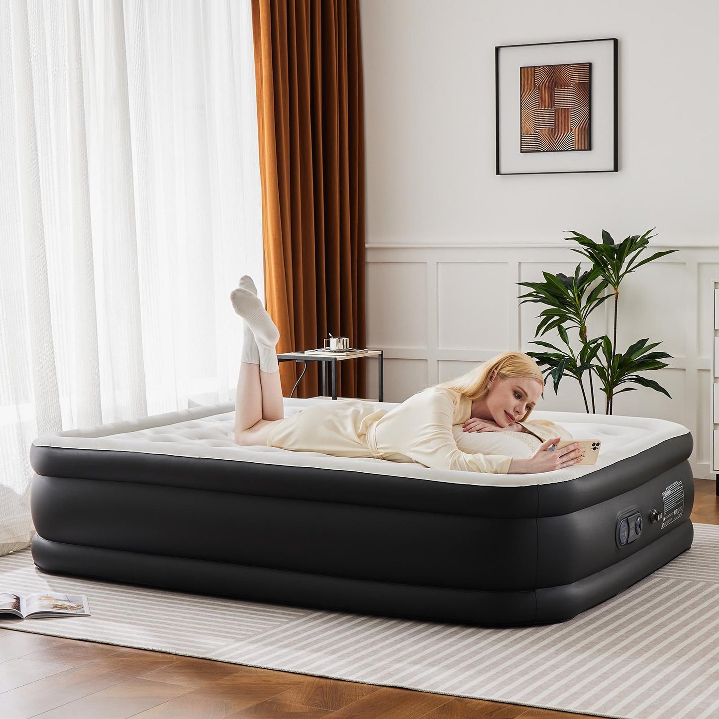 Air Mattress - 18" Inflatable Blow Up Mattress Airbed with Built-in High Capacity Pump, Double Height, Adjustable, Non-Slip Bottom Design