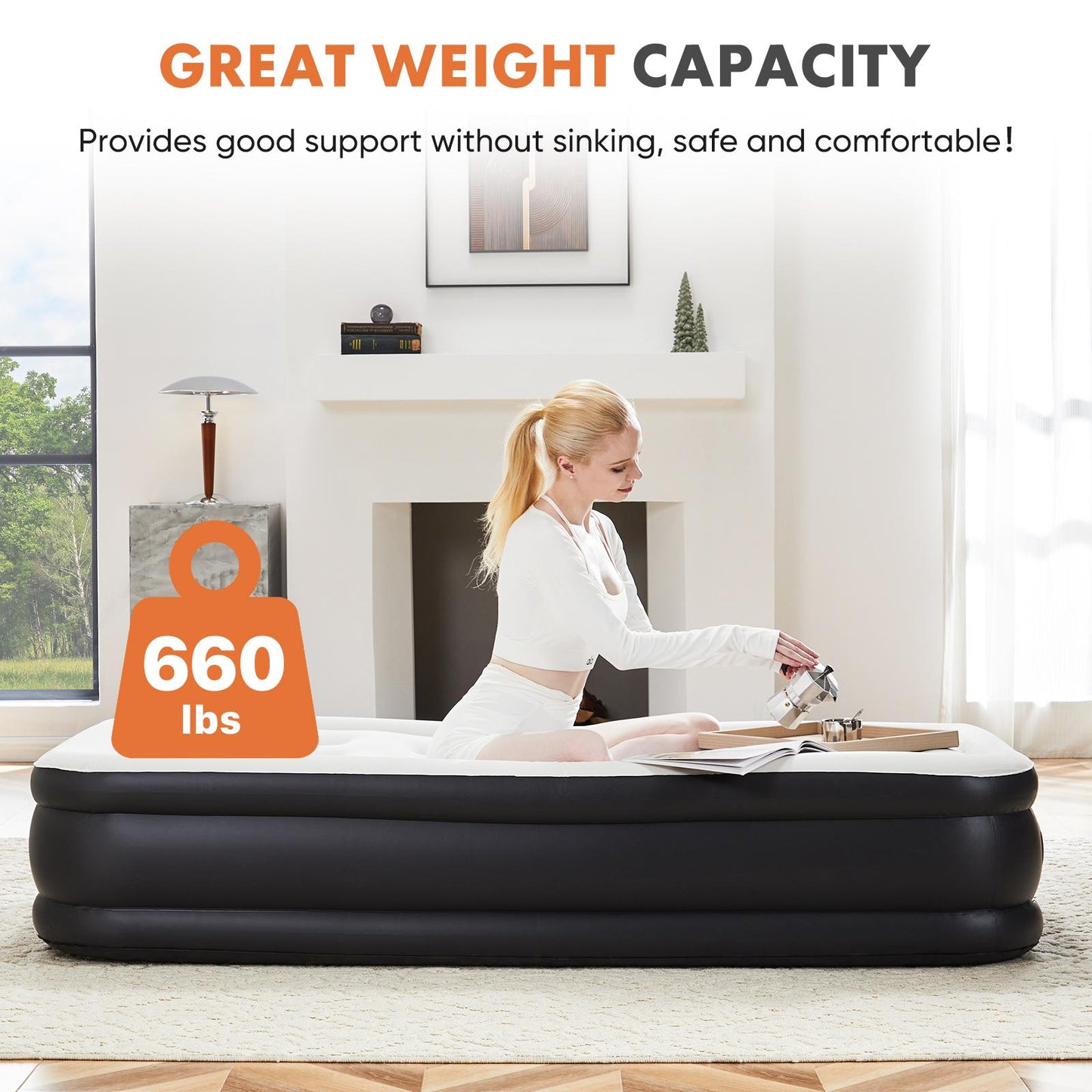Air Mattress - 18" Inflatable Blow Up Mattress Airbed with Built-in High Capacity Pump, Double Height, Adjustable, Non-Slip Bottom Design