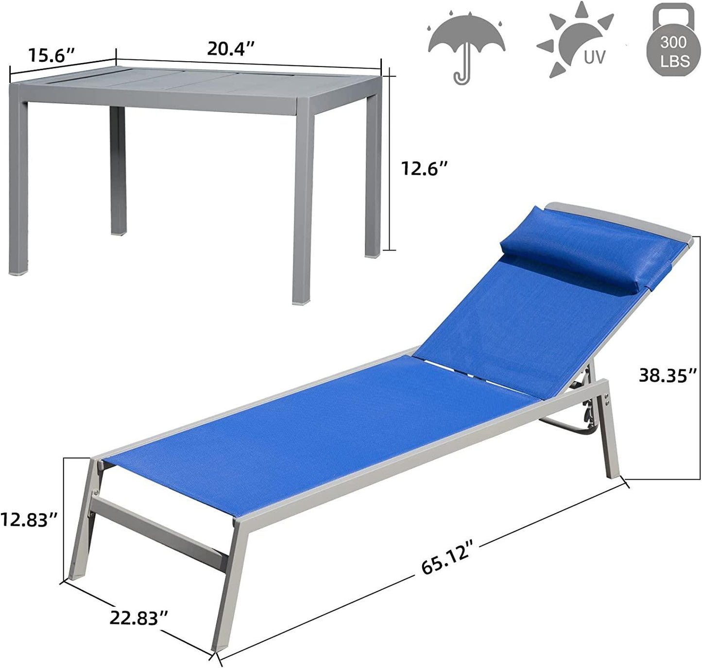 Domi Patio 3 Pieces Aluminum Textilene Chaise Lounge Set with Side Table Outdoor,Adjustable Back