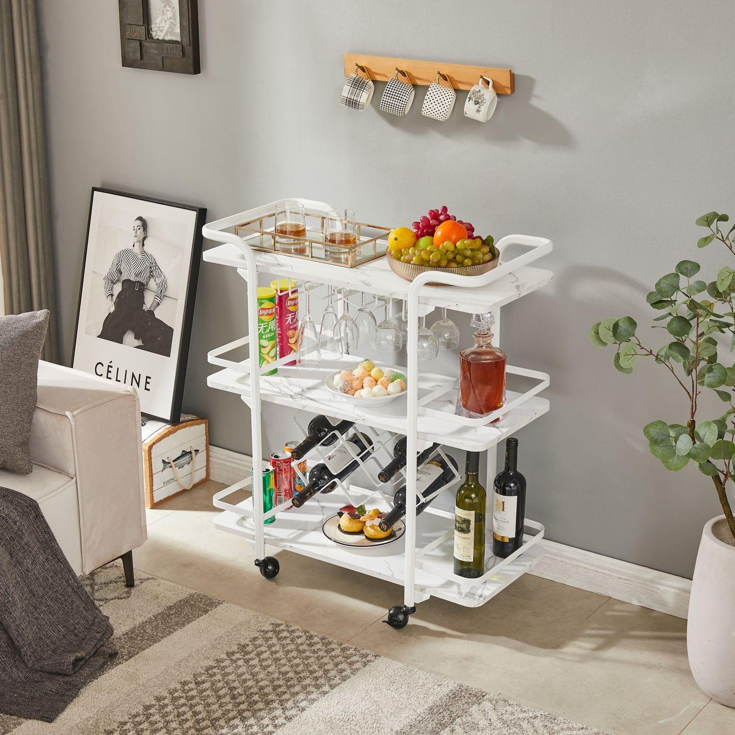 Drinks Trolley Cart with Rolling Wheels Luxury Hotel Serving Cart with Wine and Glass Holders Bar Carts for Home