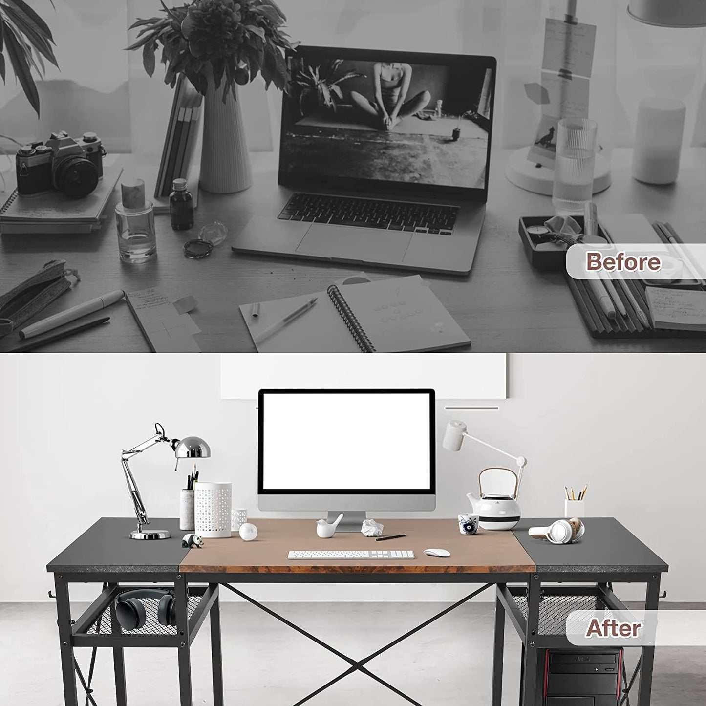 47.2" Computer Desk w/ 4 Storage Shelves & 4 Hooks, Large Desk Study Writing Table, Home Office Desk