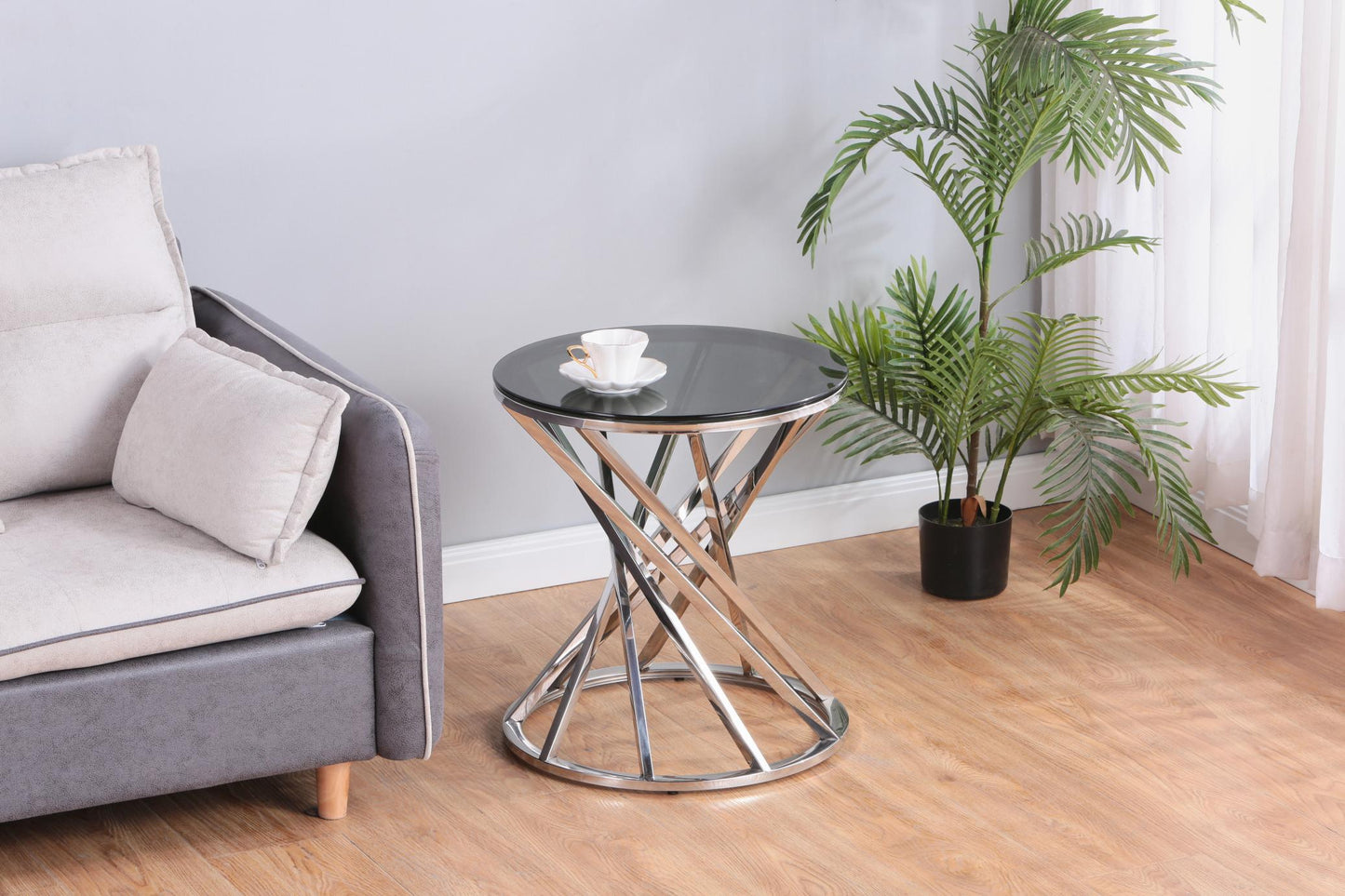 Set of 1 Round Glass Top Side Table for Living Room