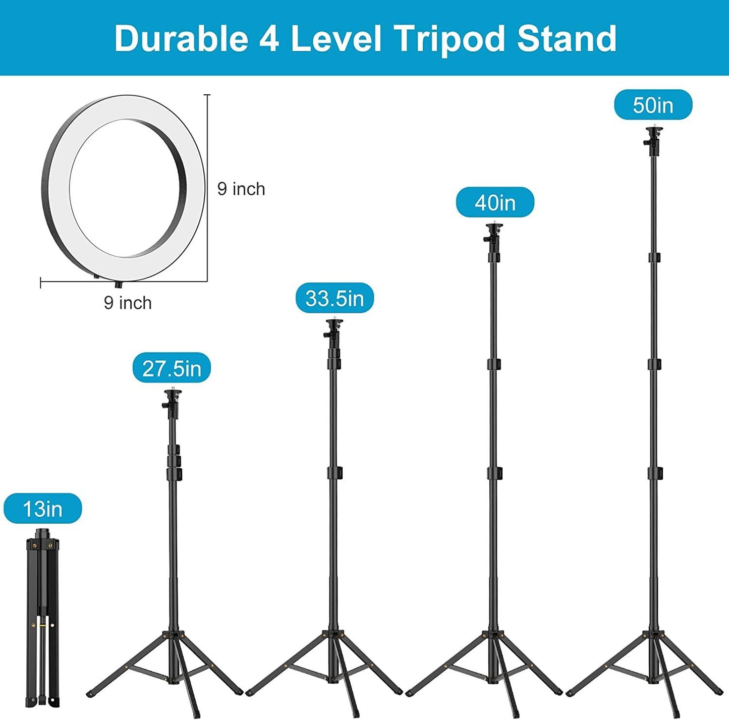 9 inch Ring Light with Stand and Phone Holder, 50" Tripod with Remote