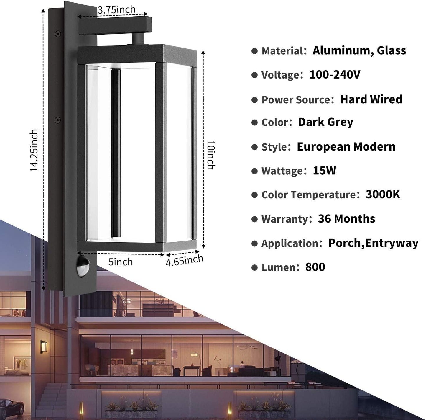 Sensor Outdoor Wall Sconce LED Exterior IP54 ,13W 750Lm 3000K