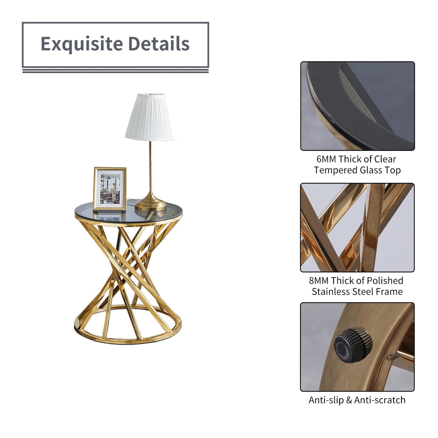 Set of 1 Round Glass Top Side Table for Living Room