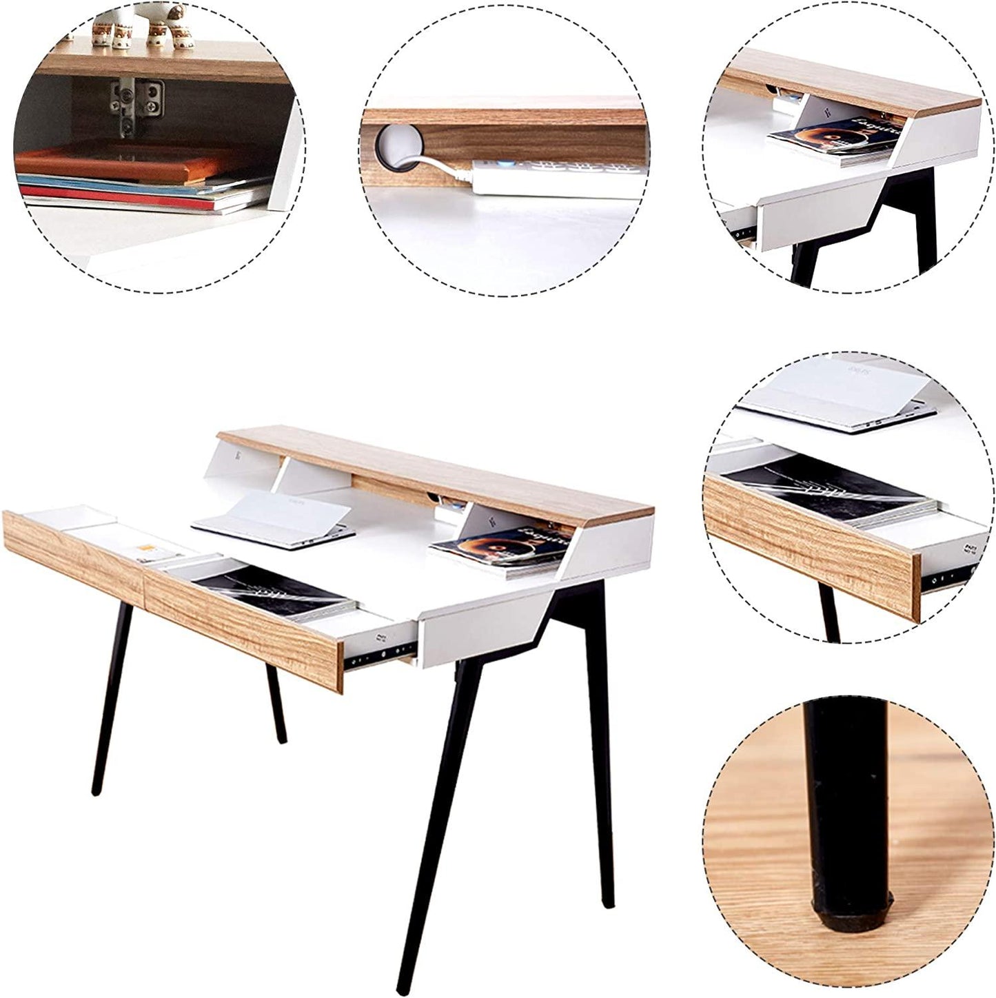 47" Computer Desk White Wood Small Writing Table with Monitor,  Drawers & Storage  Study