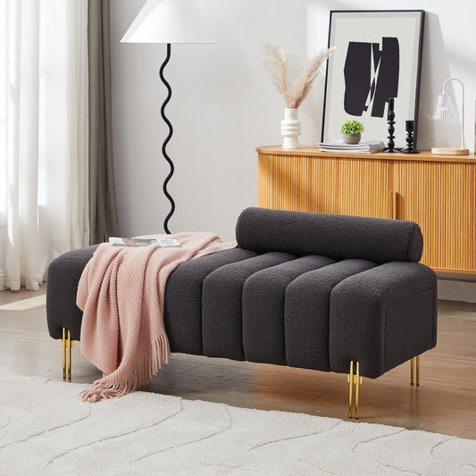 Modern End of Bed Bench Upholstered Teddy Entryway Ottoman Bench Fuzzy Sofa Stool Footrest Window Bench with Gold Metal Legs for Bedroom Apartments