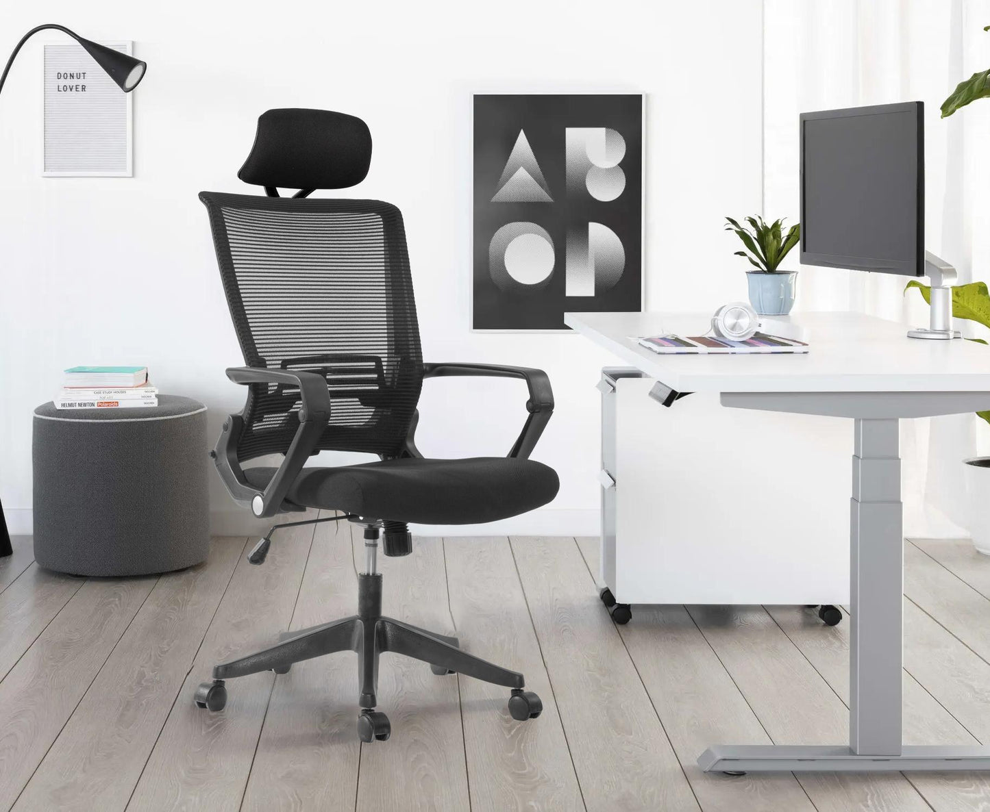 High Back Office Chair with fixed arms and headrest, Black, easy assemble chair