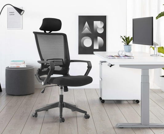 High Back Office Chair with fixed arms and headrest, Black, easy assemble chair