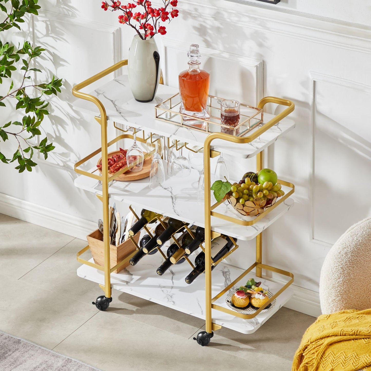 Drinks Trolley Cart with Rolling Wheels Luxury Hotel Serving Cart with Wine and Glass Holders Bar Carts for Home