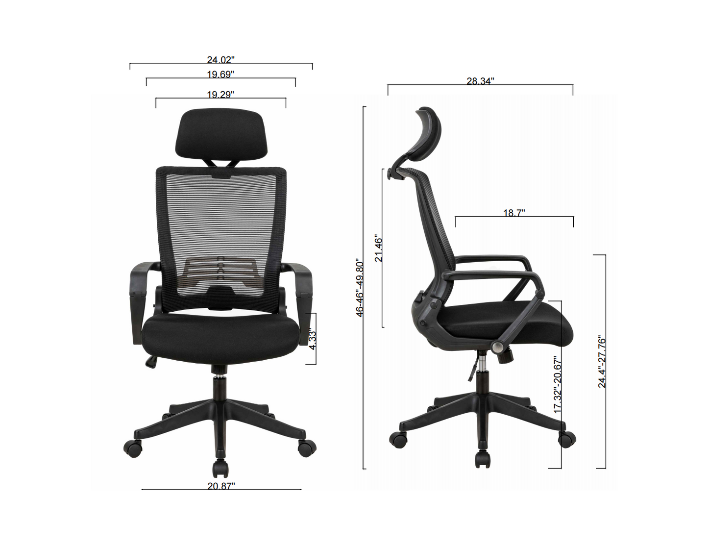 High Back Office Chair with fixed arms and headrest, Black, easy assemble chair