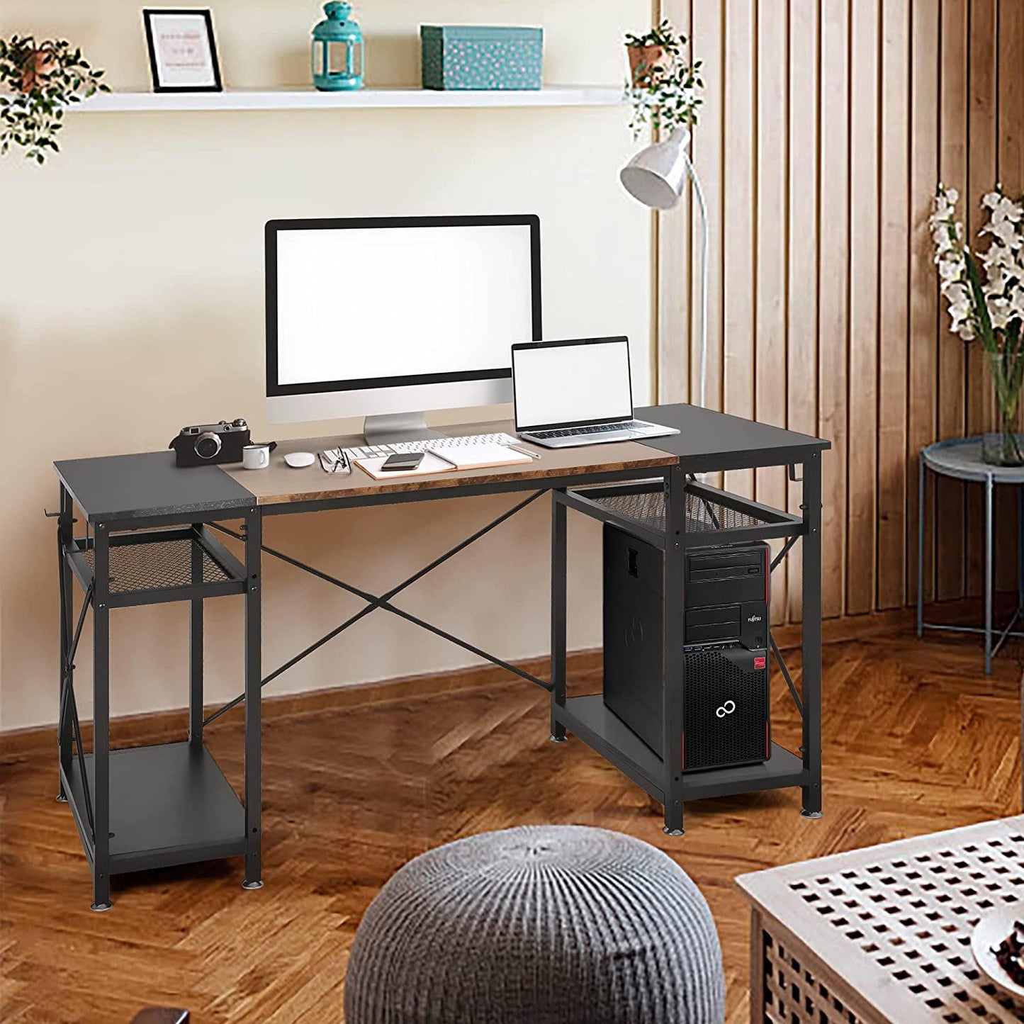 47.2" Computer Desk w/ 4 Storage Shelves & 4 Hooks, Large Desk Study Writing Table, Home Office Desk