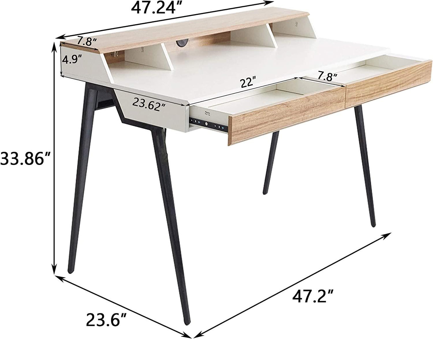 47" Computer Desk White Wood Small Writing Table with Monitor,  Drawers & Storage  Study