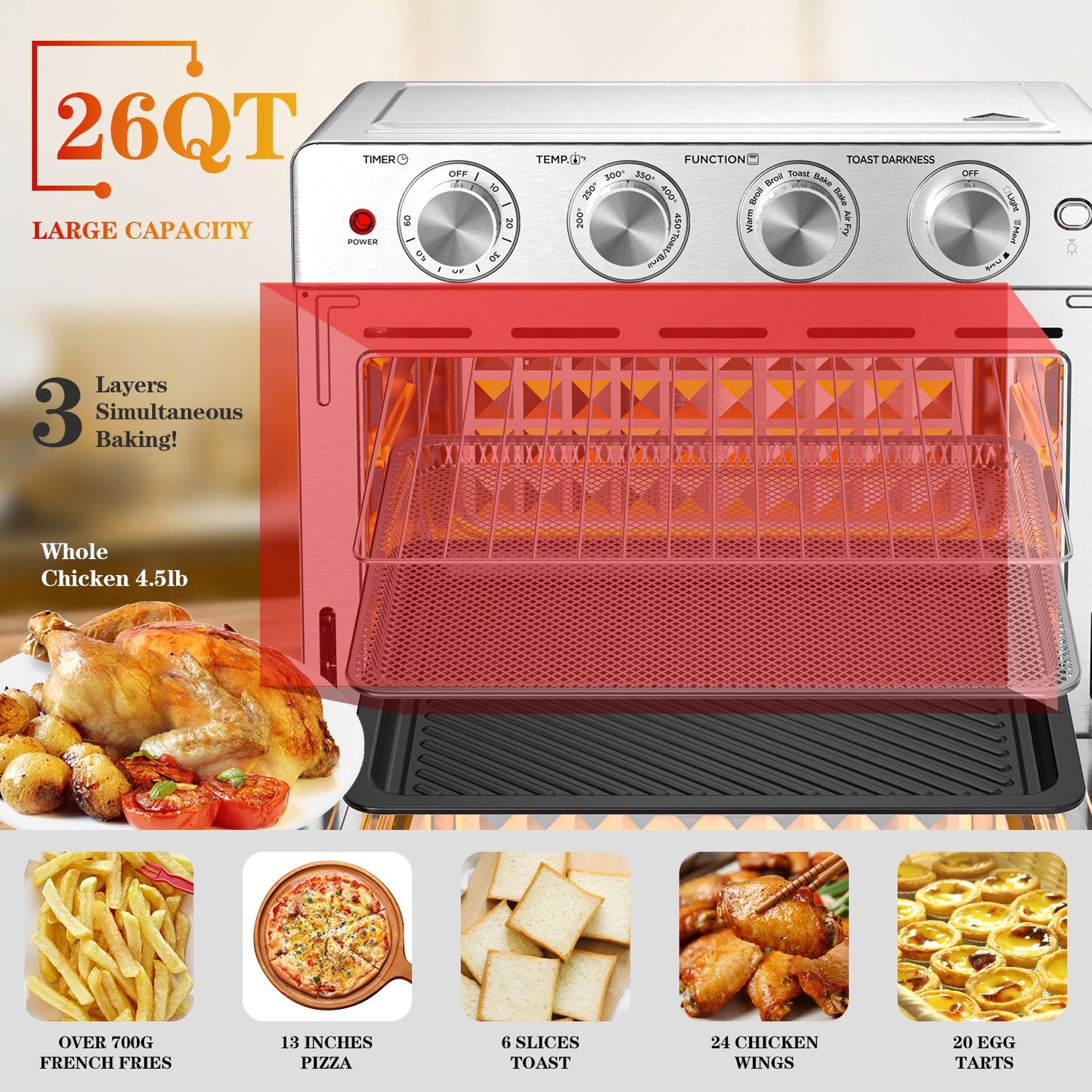 Geek Chef Air Fryer, 6 Slice 26QT/26L Air Fryer Fry Oil-Free, Oven Combo, Air Fryer Oven, Roast, Bake, Broil, Reheat, Convection Countertop Oven