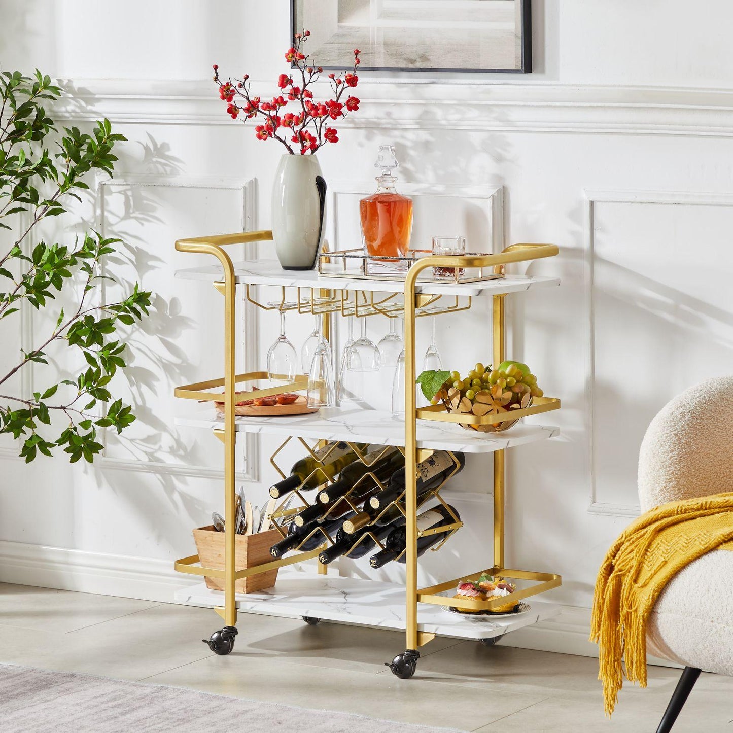 Drinks Trolley Cart with Rolling Wheels Luxury Hotel Serving Cart with Wine and Glass Holders Bar Carts for Home