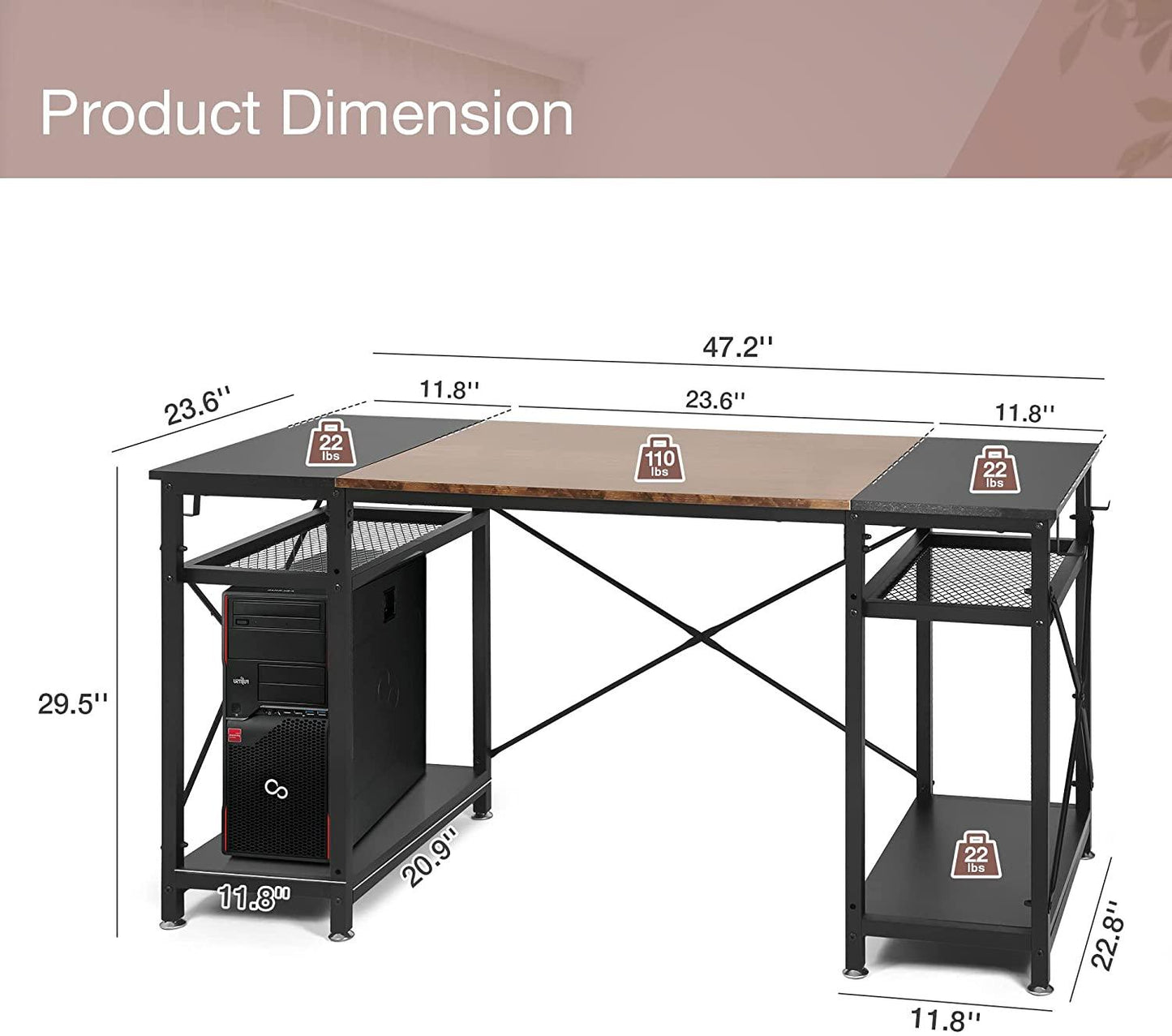 47.2" Computer Desk w/ 4 Storage Shelves & 4 Hooks, Large Desk Study Writing Table, Home Office Desk