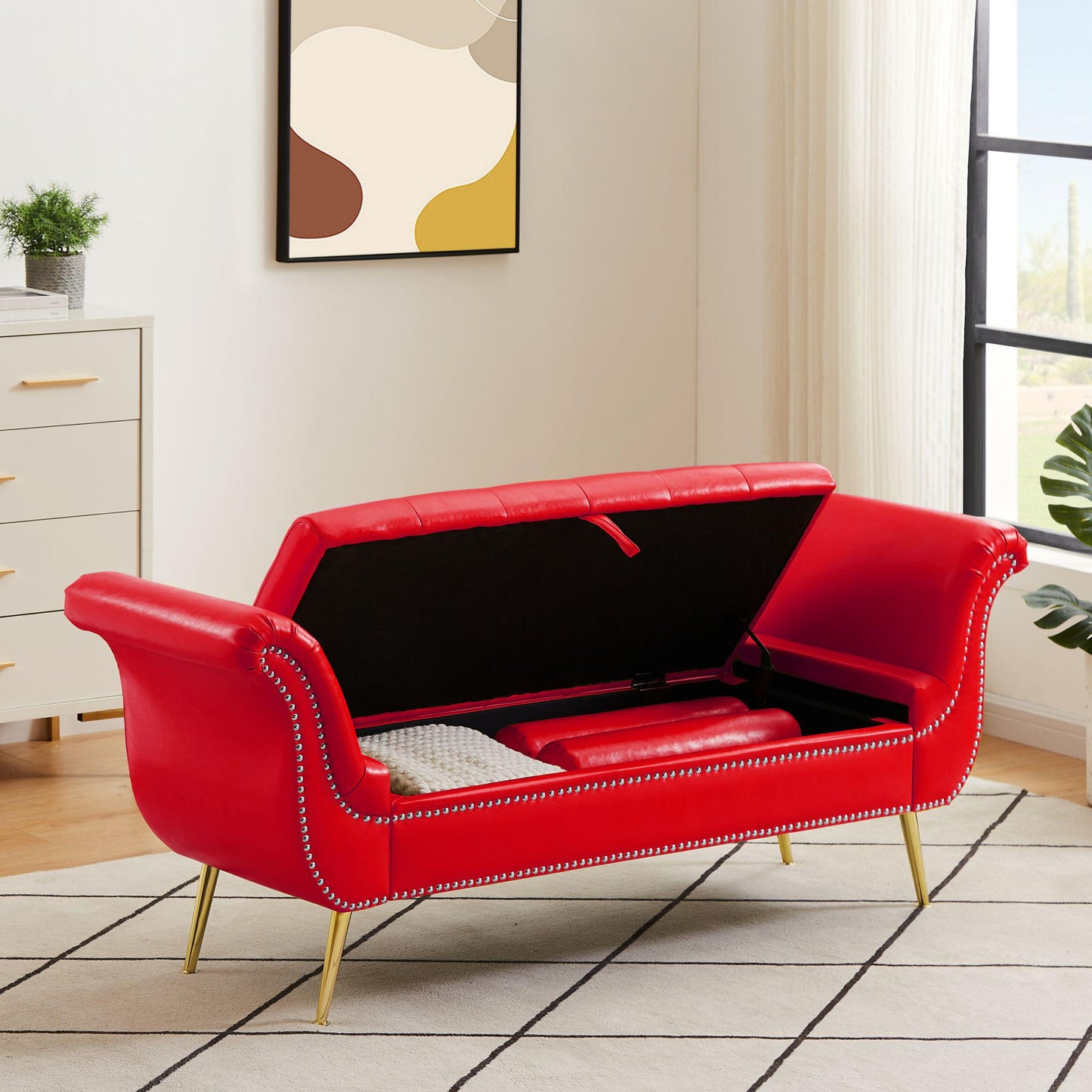Sitting Bench PU Leather with Storage Space and 2 Pillows Hardware Feet