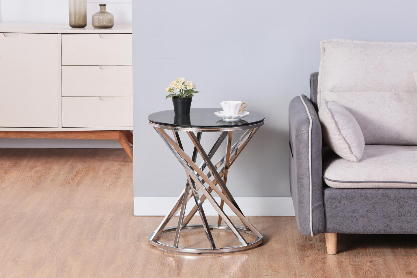 Set of 1 Round Glass Top Side Table for Living Room