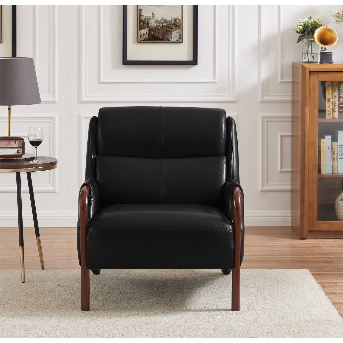 Single Sofa Armchair PU Leather Wooden Legs Reading Chair for Living Room