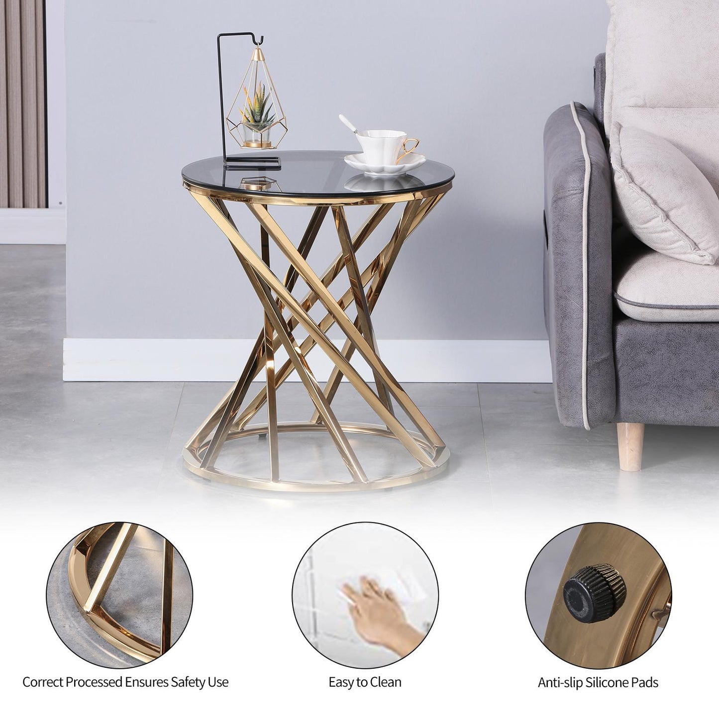Set of 1 Round Glass Top Side Table for Living Room